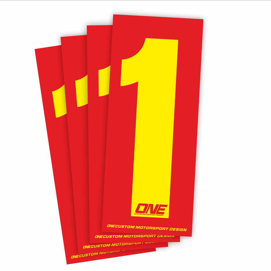Individual Race Number Sticker- Number 1 - Yellow on Red