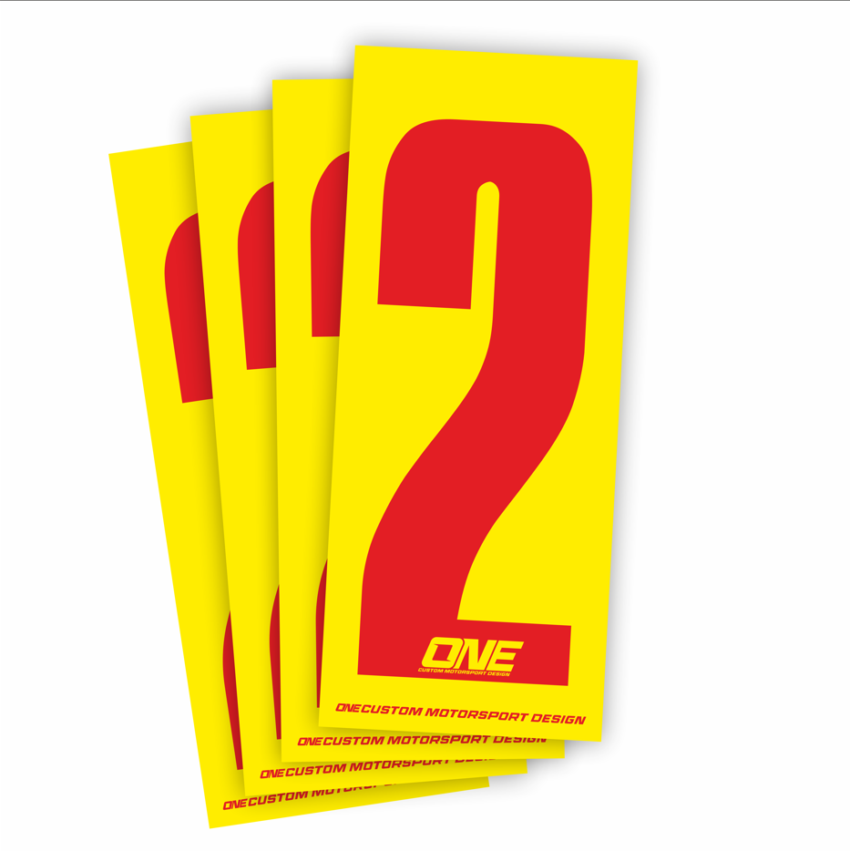 Individual Race Number Sticker- Number 2 Red on Yellow