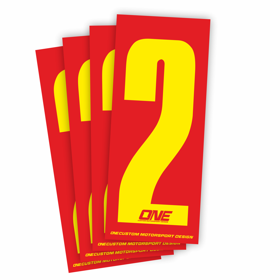 Individual Race Number Sticker- Number 2 Yellow on Red