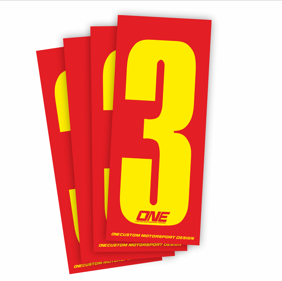 Individual Race Number Sticker- Number 3- Yellow on Red