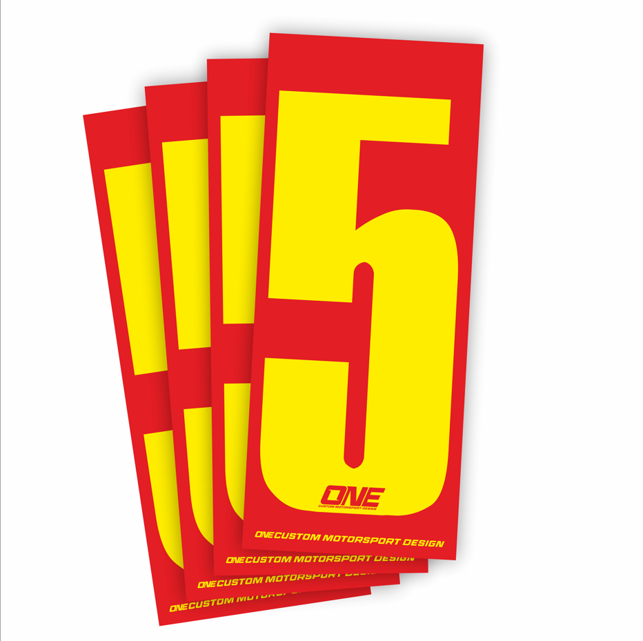 Individual Race Number Sticker- Number 5- Yellow on Red