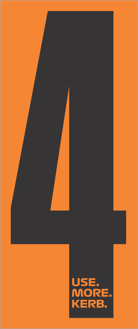 Black race number 4 from the USE MORE KERB pack of 4, with bold black on orange background, designed for racing events.