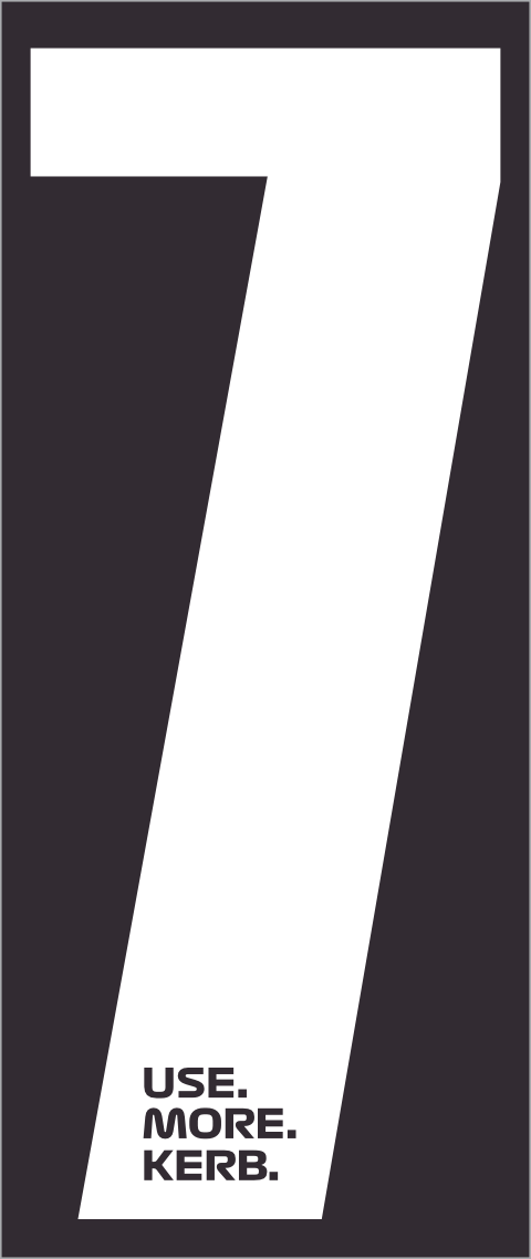 White number 7 race number on black background, part of USE MORE KERB race number pack by One Custom Design, on a white background