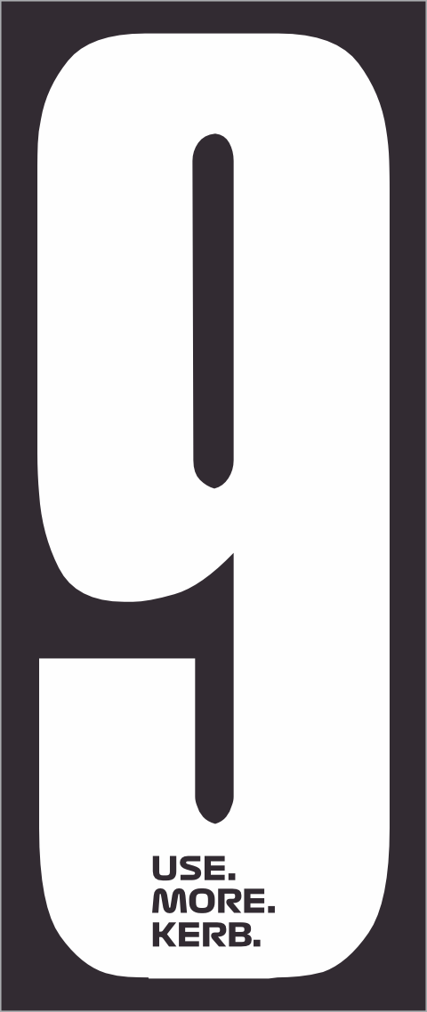 White race number 9 on black background, part of the USE MORE KERB Race Number Pack of 4 by One Custom Design.
