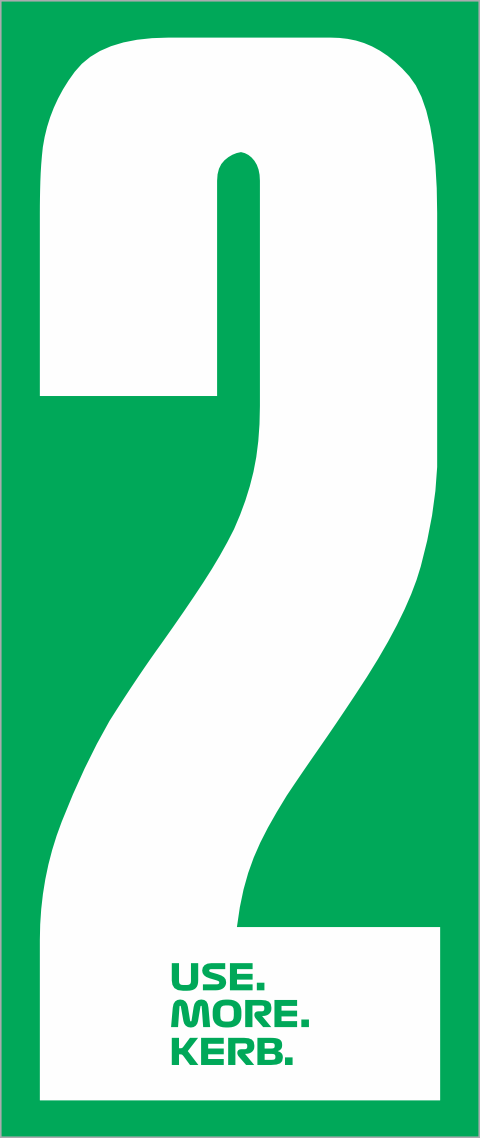 Pack of four white race numbers with green background, featuring the number 2, from One Custom Design's USE MORE KERB collection.