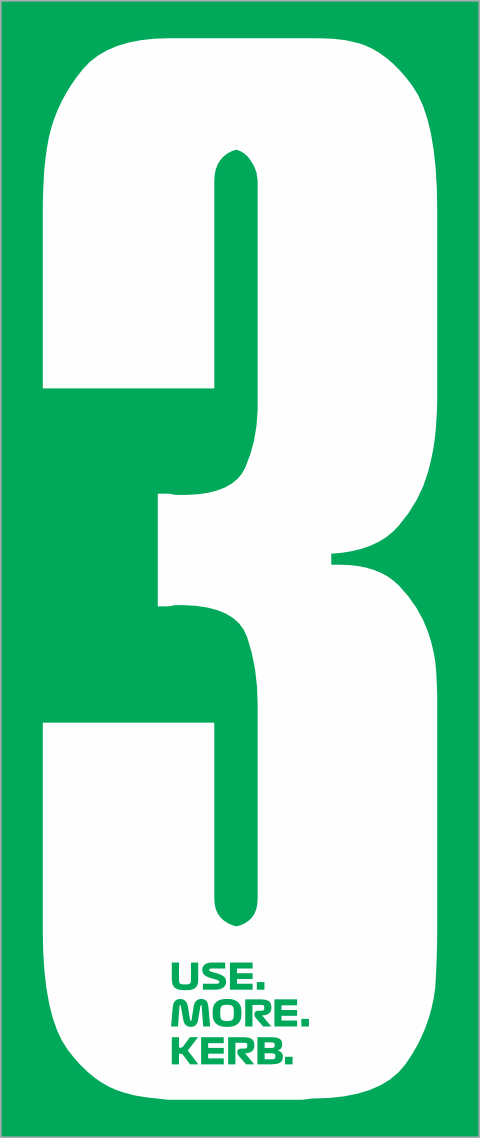White number 3 race bib from Use More KERB, green on white background, in a pack of four by One Custom Design.