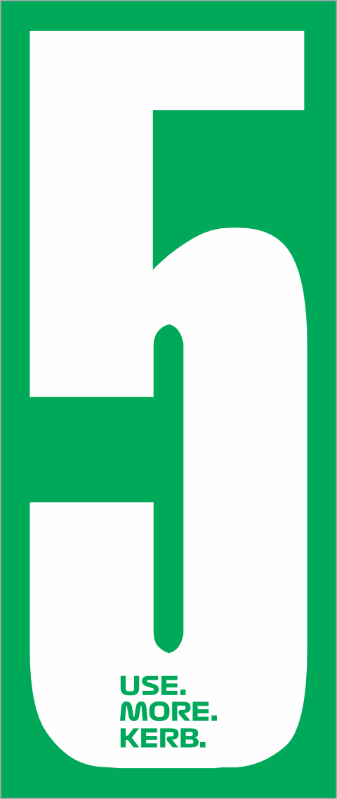 White number 5 race number on green background in a pack of four from Use More KERB by One Custom Design.