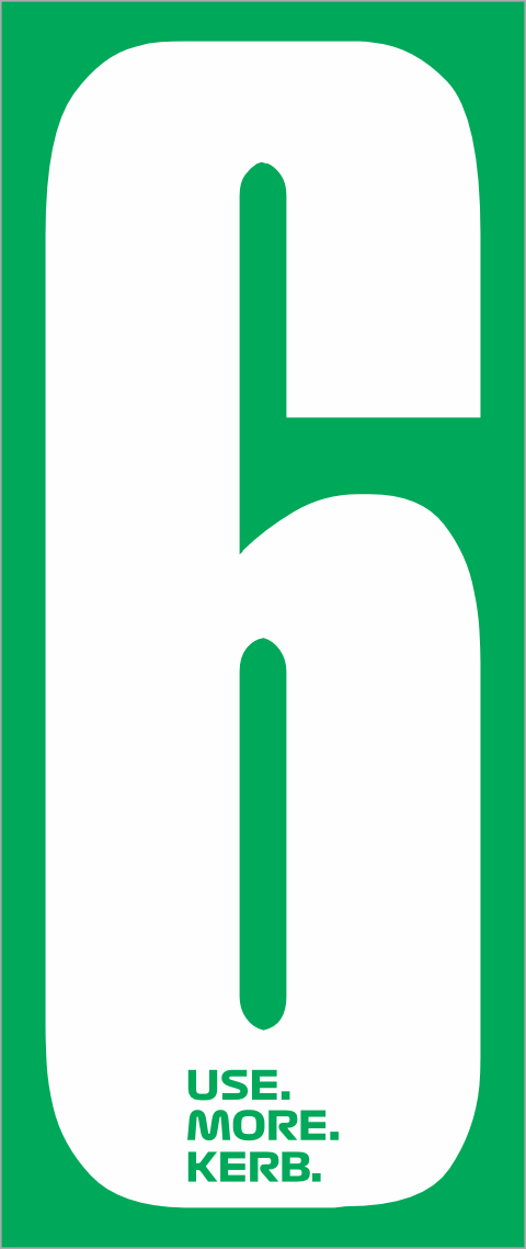 White number 6 race bib from USE MORE KERB with green background, part of a pack of four by One Custom Design.
