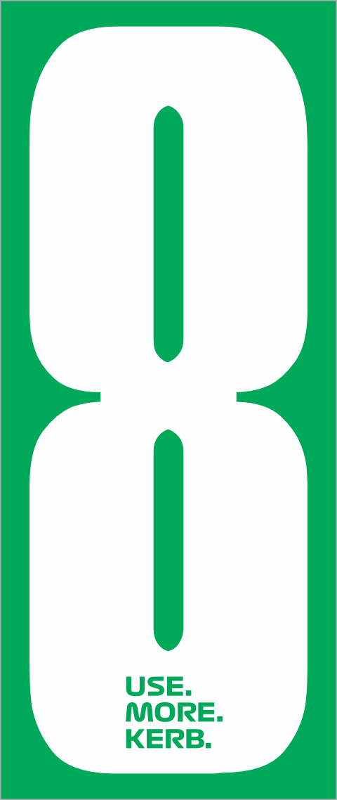 White race number 8 on green background, part of Use More Kerb race number pack by One Custom Design, designed for athletic events.