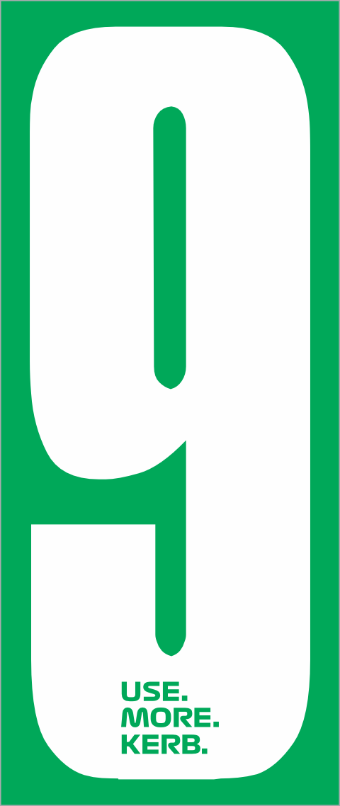 White number 9 race number on green background, pack of 4, from One Custom Design's USE MORE KERB collection.