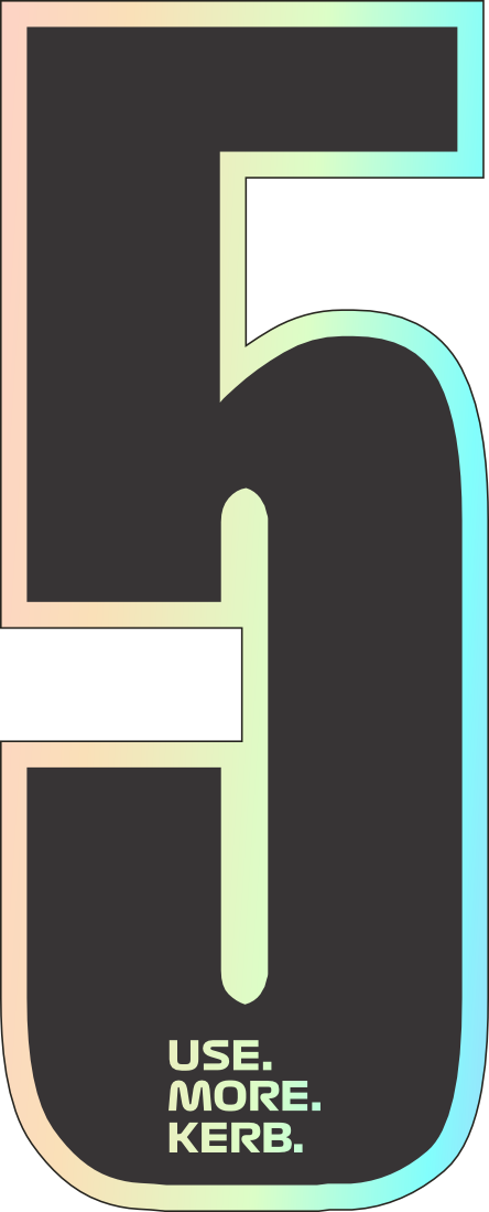 Holographic number 5 race number from USE MORE KERB, pack of 4, with shiny, reflective holographic design by One Custom Design