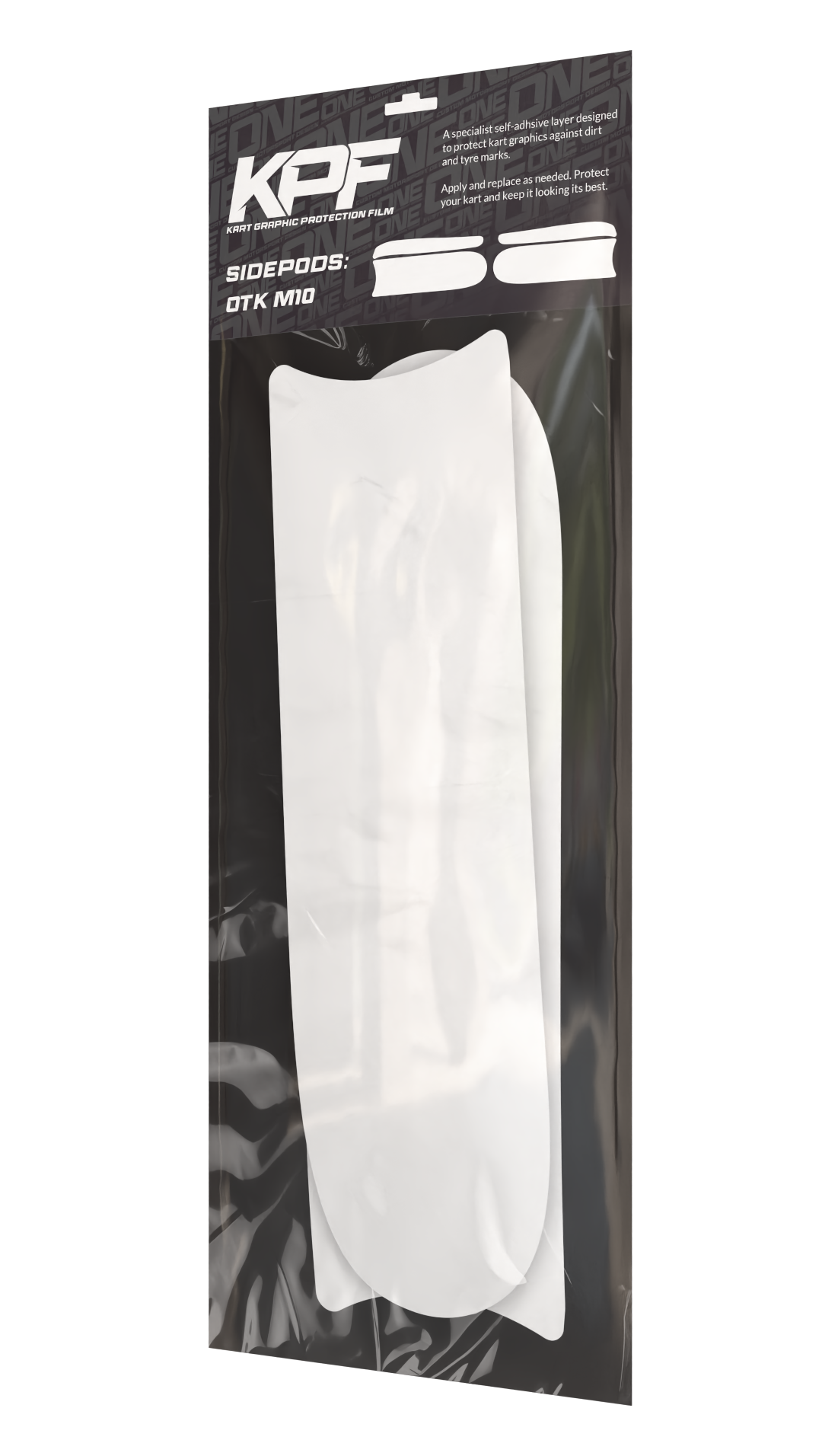 Kart graphic protection film for sidepods, designed for OTK M10 by One Custom Design, shown on a kart component.