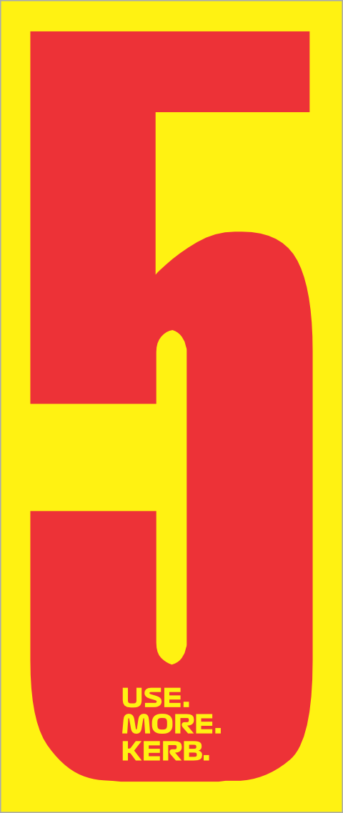 Four race number packs featuring a red number 5 on a yellow background, designed for cycling or racing events by One Custom Design.