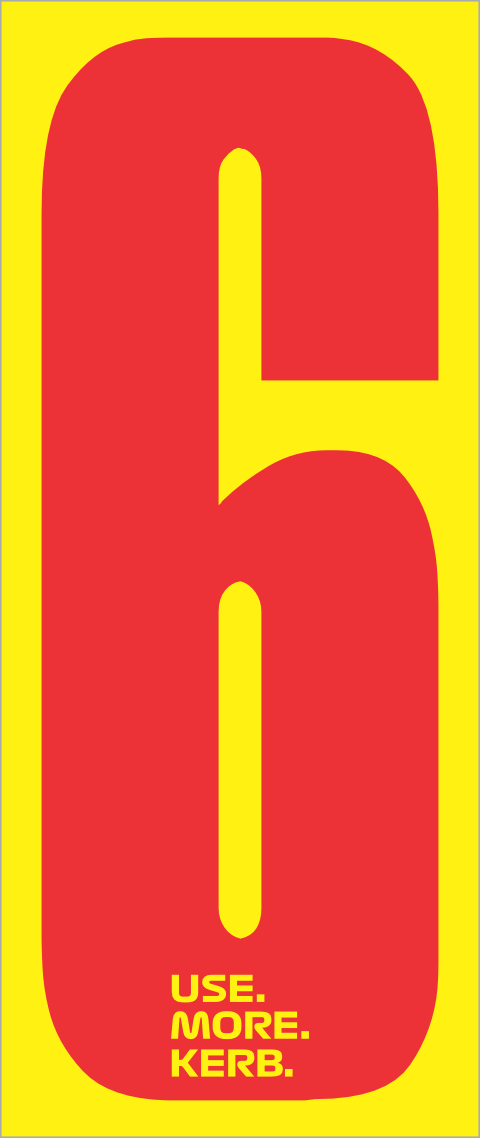 Set of four race number patches by One Custom Design featuring red number 6 on yellow background for cycling or racing events.