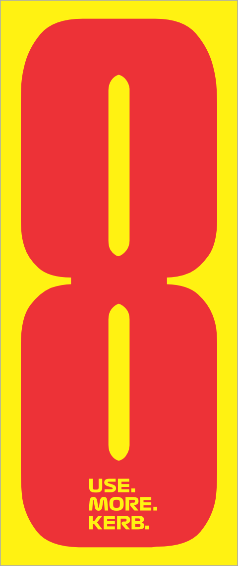 Race number pack featuring number 8 in red on yellow background by One Custom Design, set of four numbers for athletic events.