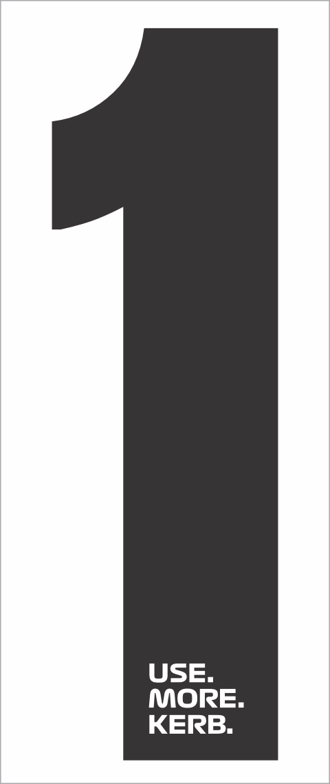 Black number 1 race number on white background, part of USE MORE KERB race number pack by One Custom Design, for athletic events.