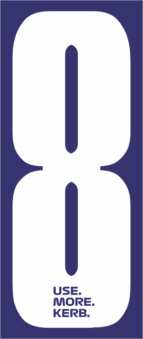 White race number 8 from the USE MORE KERB pack of 4, featuring a blue background and white numeral for sporting events.