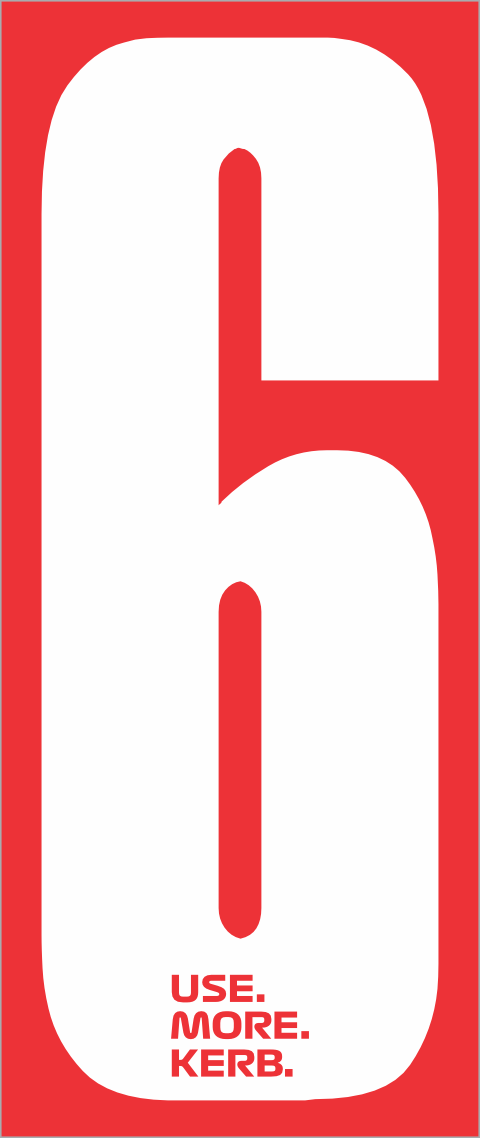 White race number 6 from the USE MORE KERB pack of 4, featuring bold white number on red background by One Custom Design