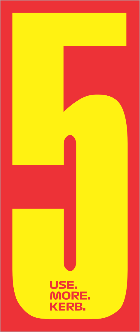 Set of four race number patches featuring yellow number 5 on red background, designed by One Custom Design.