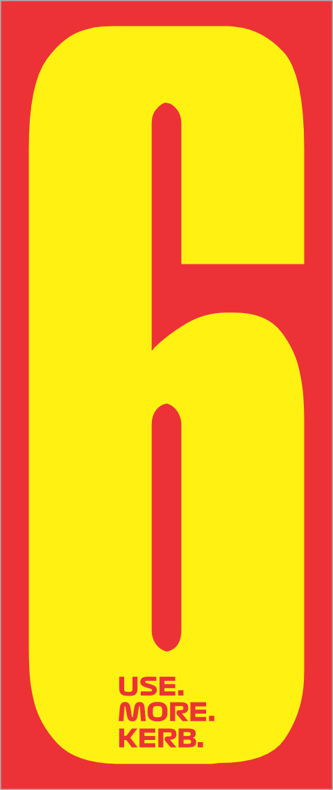 Pack of four race numbers featuring yellow number 6 on red background, designed by One Custom Design for sports events.