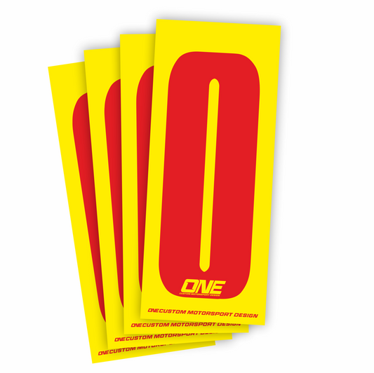 Red number 0 race sticker on yellow background from One Custom Design, perfect for sports and racing events.