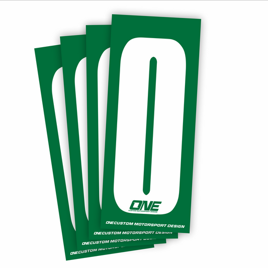 White on green individual race number sticker with the number 0, designed by One Custom Design for race identification.