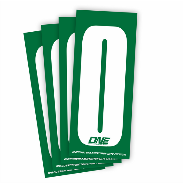 White on green individual race number sticker with the number 0, designed by One Custom Design for race identification.