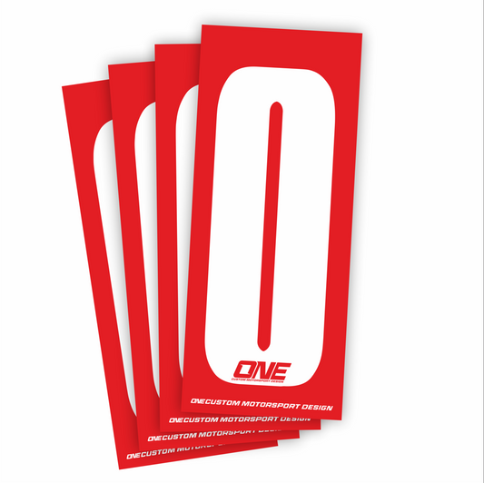 White race number sticker with the number 0 on a red background, designed for individual racing events by One Custom Design.