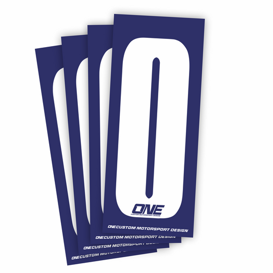 White number 0 sticker on blue background from One Custom Design, ideal for race bibs and athletic events.