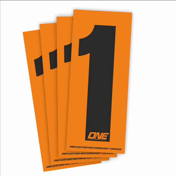 Black on orange individual race number sticker with the number 1, designed by One Custom Design for race identification.
