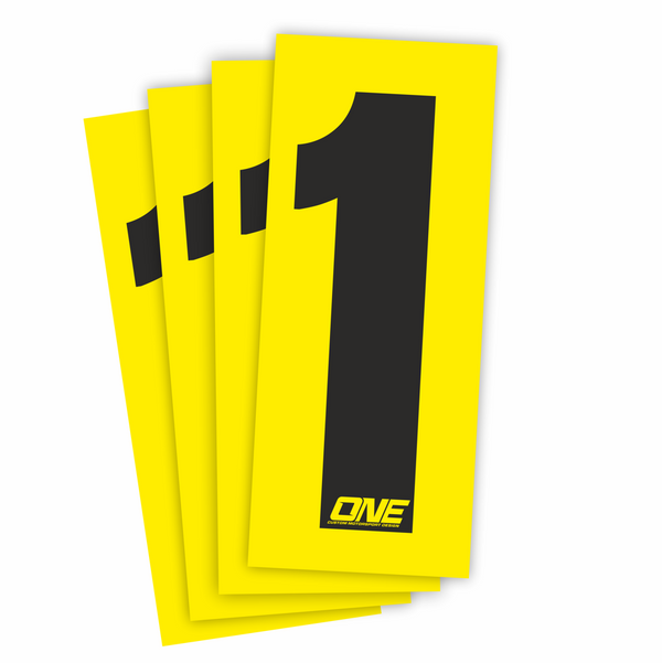 Black on yellow race number sticker with the number 1 from One Custom Design, suitable for athletic events or racing.