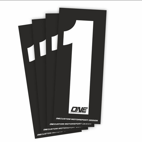 White number 1 race sticker on black background from One Custom Design, ideal for race bibs or athletic events.