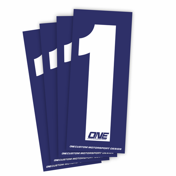 White race number 1 sticker on blue background from One Custom Design, suitable for athletic events or races.