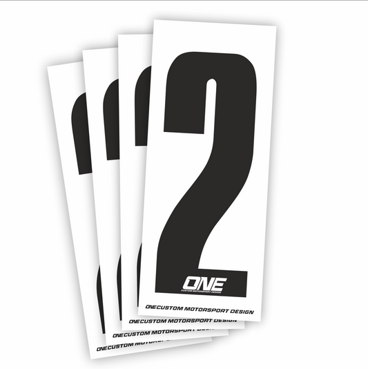 Black number 2 race sticker on white background, individual custom design by One Custom Design, suitable for race bibs or sports events.