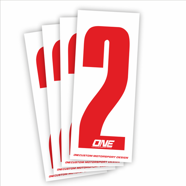 Red number 2 race sticker on white background, custom design by One Custom Design for athletic or racing events.