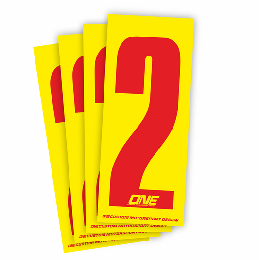 Red race number 2 sticker on yellow background, custom design by One Custom Design for athletic events or races.