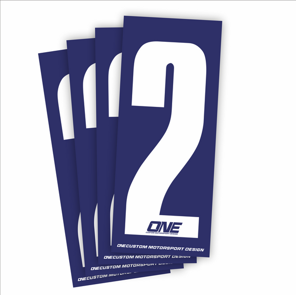 White number 2 race sticker on blue background, individual custom design for sports events or races.
