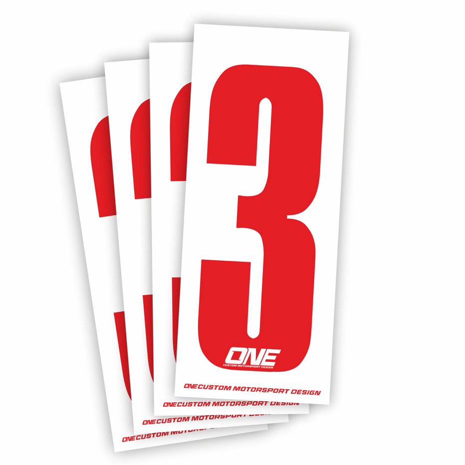 Individual Race Number Sticker- Number 3-Red on White