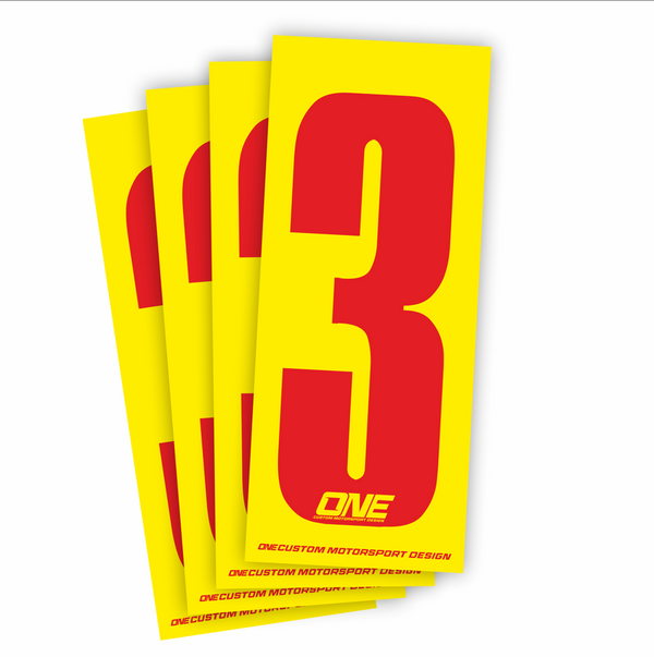 Red number 3 race sticker on yellow background from One Custom Design, perfect for athletic events and racing identification.