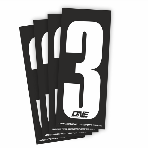White number 3 race sticker on black background, custom design from One Custom Design, ideal for race bibs or athletic gear.