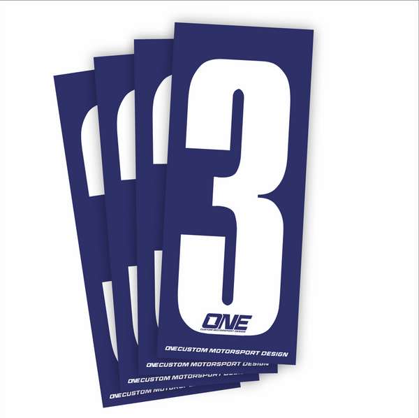 White number 3 race sticker on blue background, custom design by One Custom Design, ideal for race bibs or athletic events.