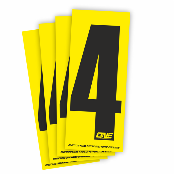 Black number 4 race sticker on yellow background, customizable design by One Custom Design for racing events.