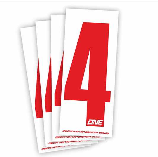 Red number 4 race sticker on white background, custom design by One Custom Design for athletic events or competitions.