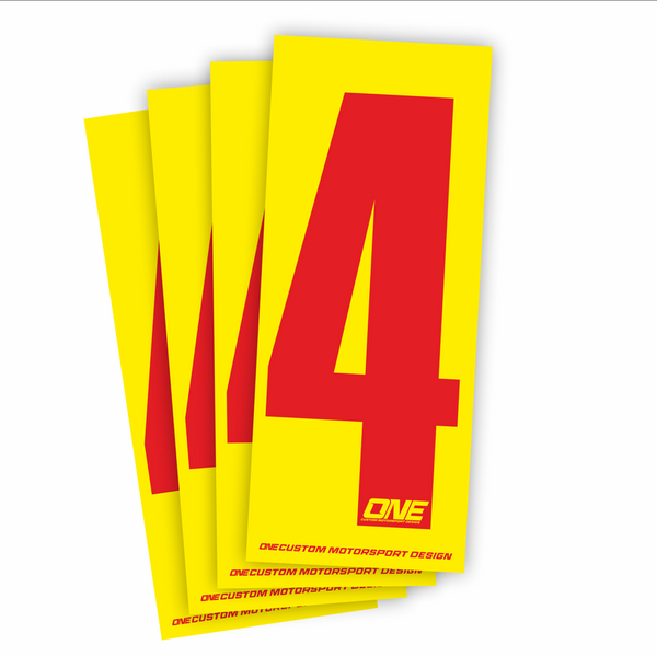 Red number 4 race sticker on yellow background, custom design by One Custom Design, ideal for race bibs and athletic events.