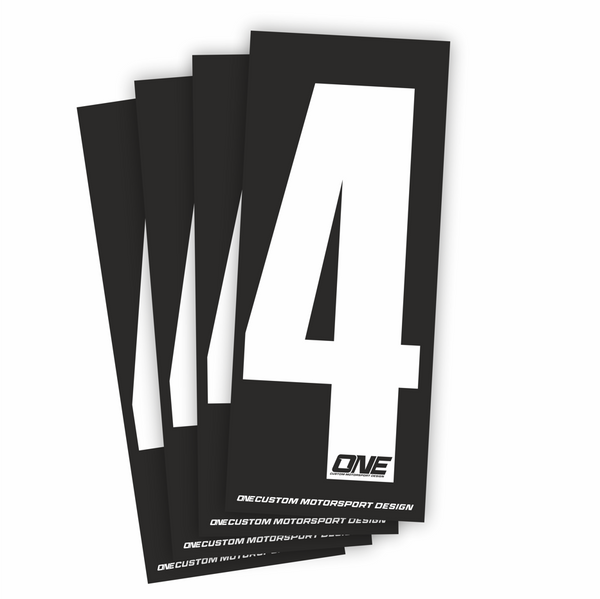 White number 4 race sticker on black background, individual design by One Custom Design, suitable for race bibs or athletic gear.