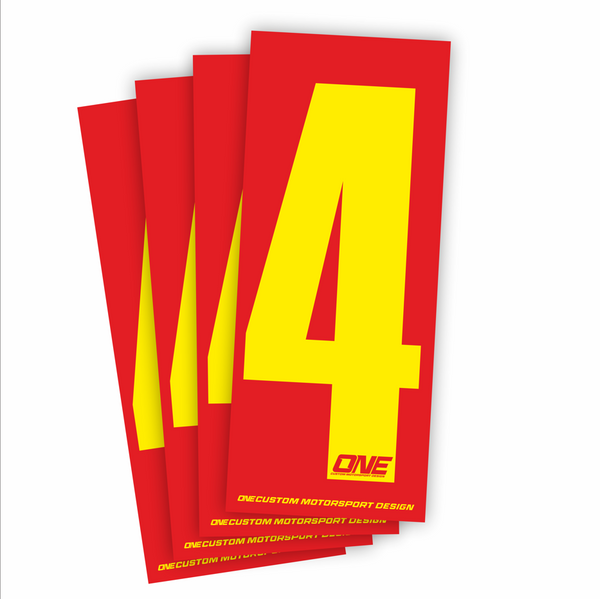 Yellow on red individual race number sticker, number 4, from One Custom Design, with bold yellow number on bright red background.