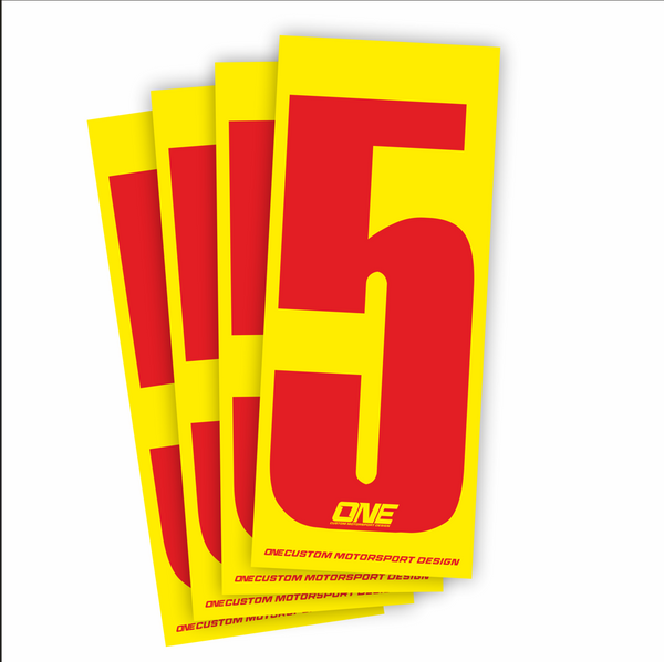 Red number 5 race sticker on yellow background, custom design by One Custom Design, suitable for athletic events.