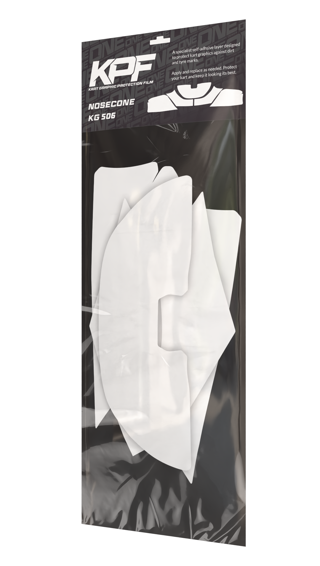 Kart graphic protection film for nosecone, branded One Custom Design KPF-506, showing clear protective film on kart nosecone surface.