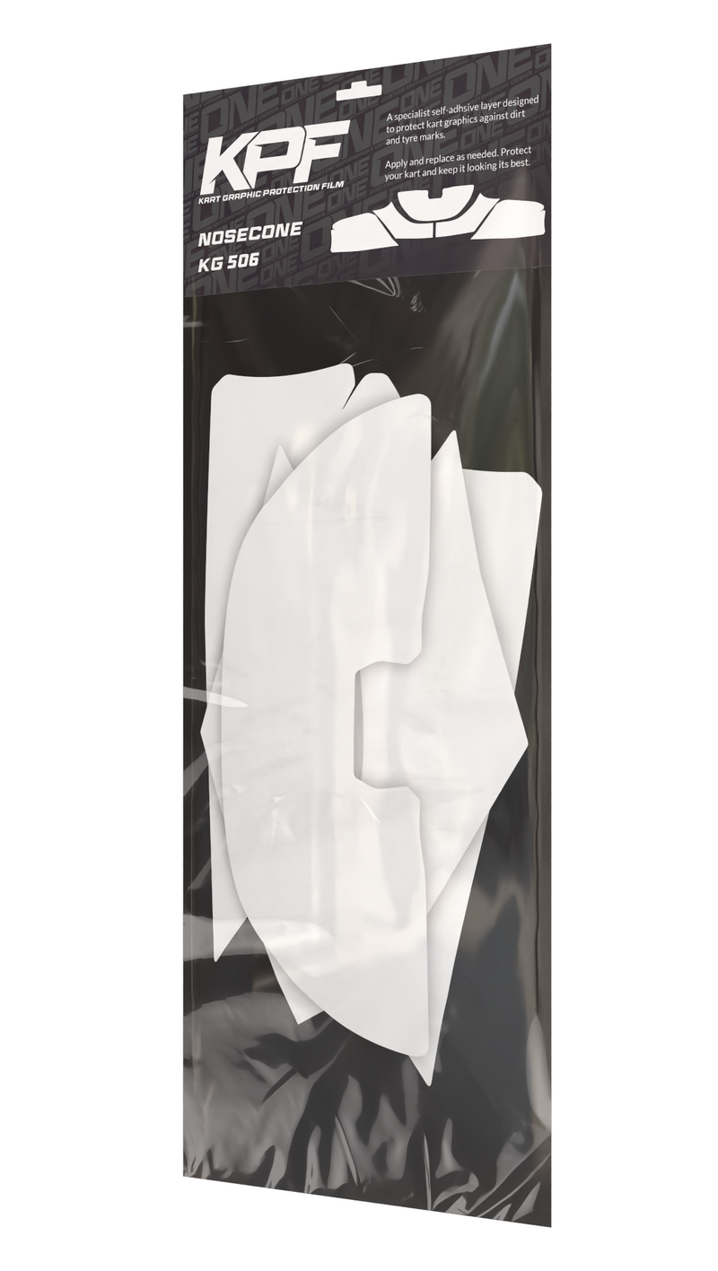 Kart graphic protection film for nosecone, branded One Custom Design KPF-506, showing clear protective film on kart nosecone surface.