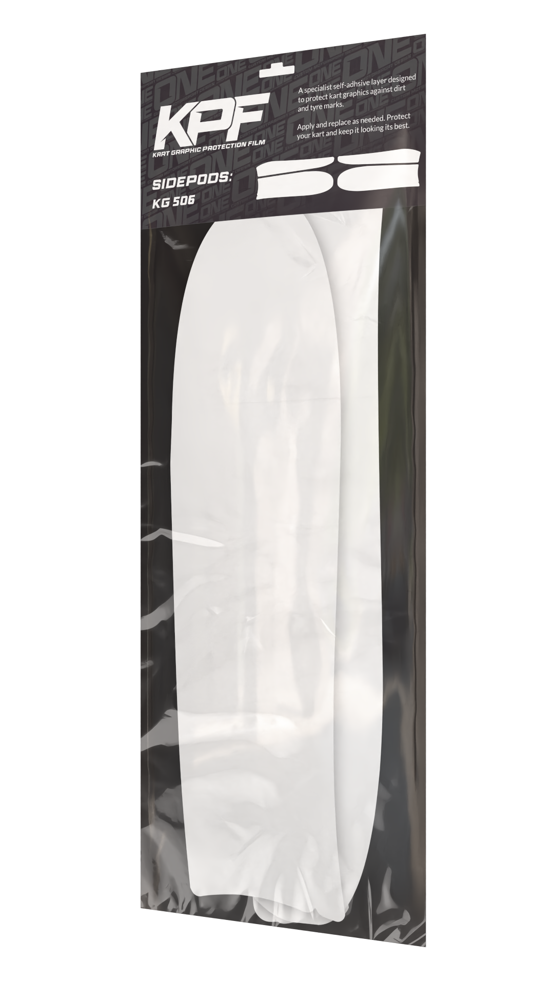 Kart graphic protection film for sidepods, model KG 506 by One Custom Design, showing clear film applied on kart sidepod surface.